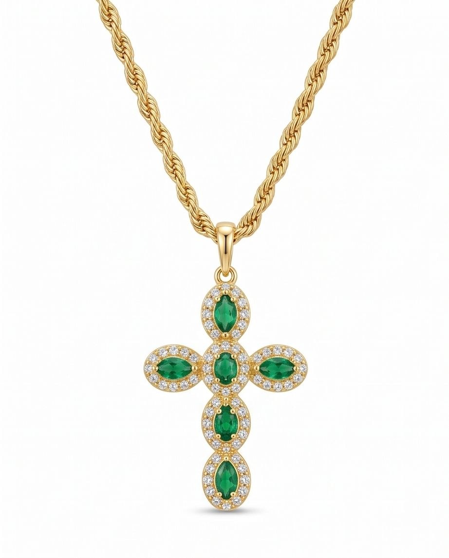 18K Gold Cross with Green & White Zircons