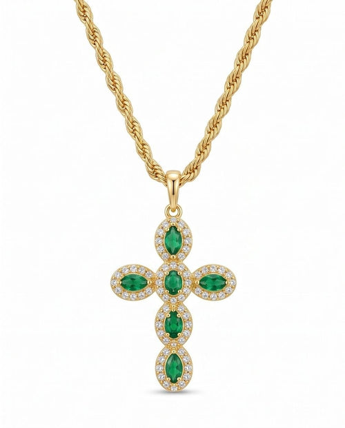 18K Gold Cross with Green & White Zircons