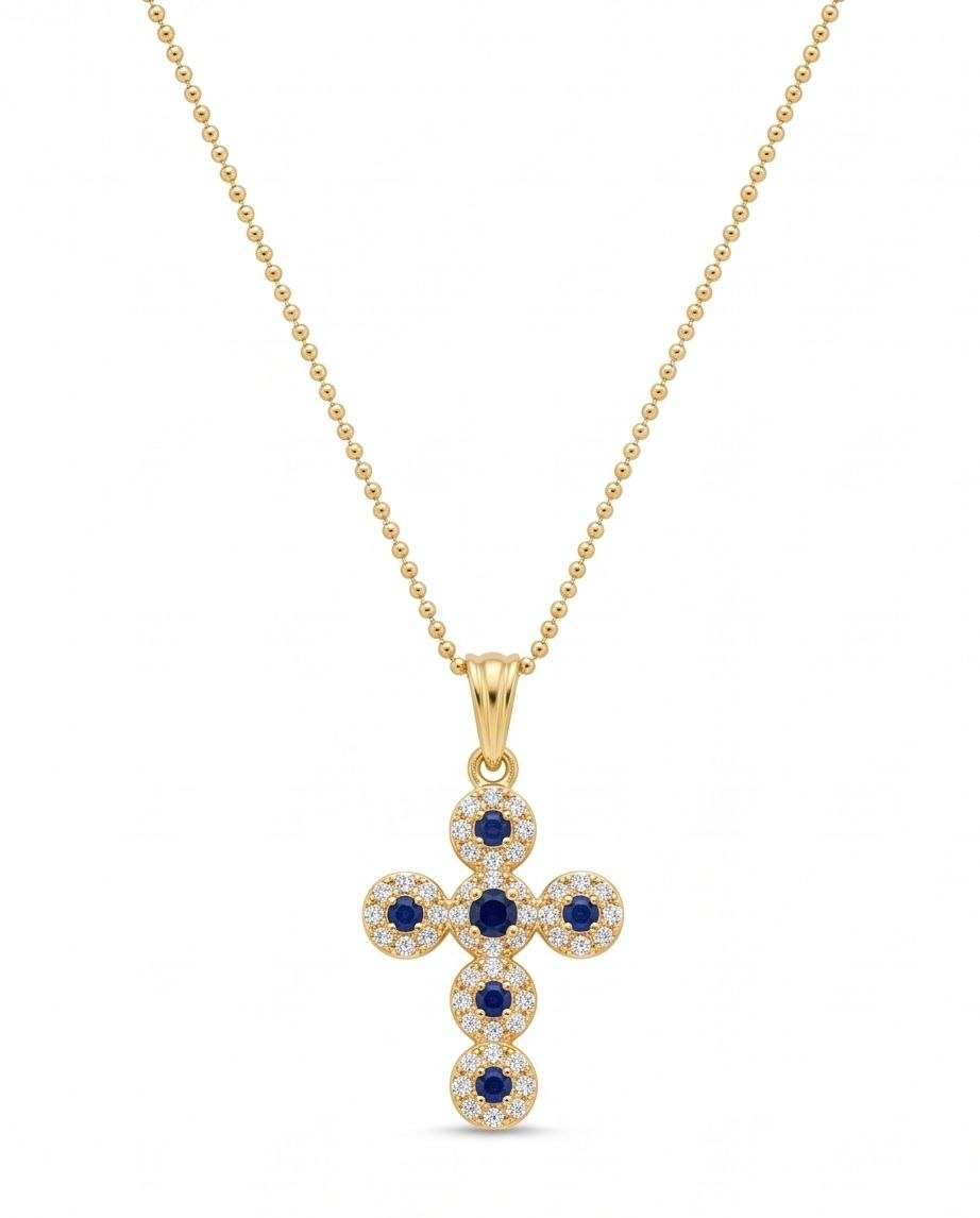 18K Gold Cross with Blue & White Zircons