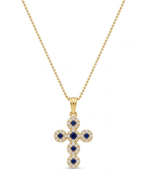 18K Gold Cross with Blue & White Zircons