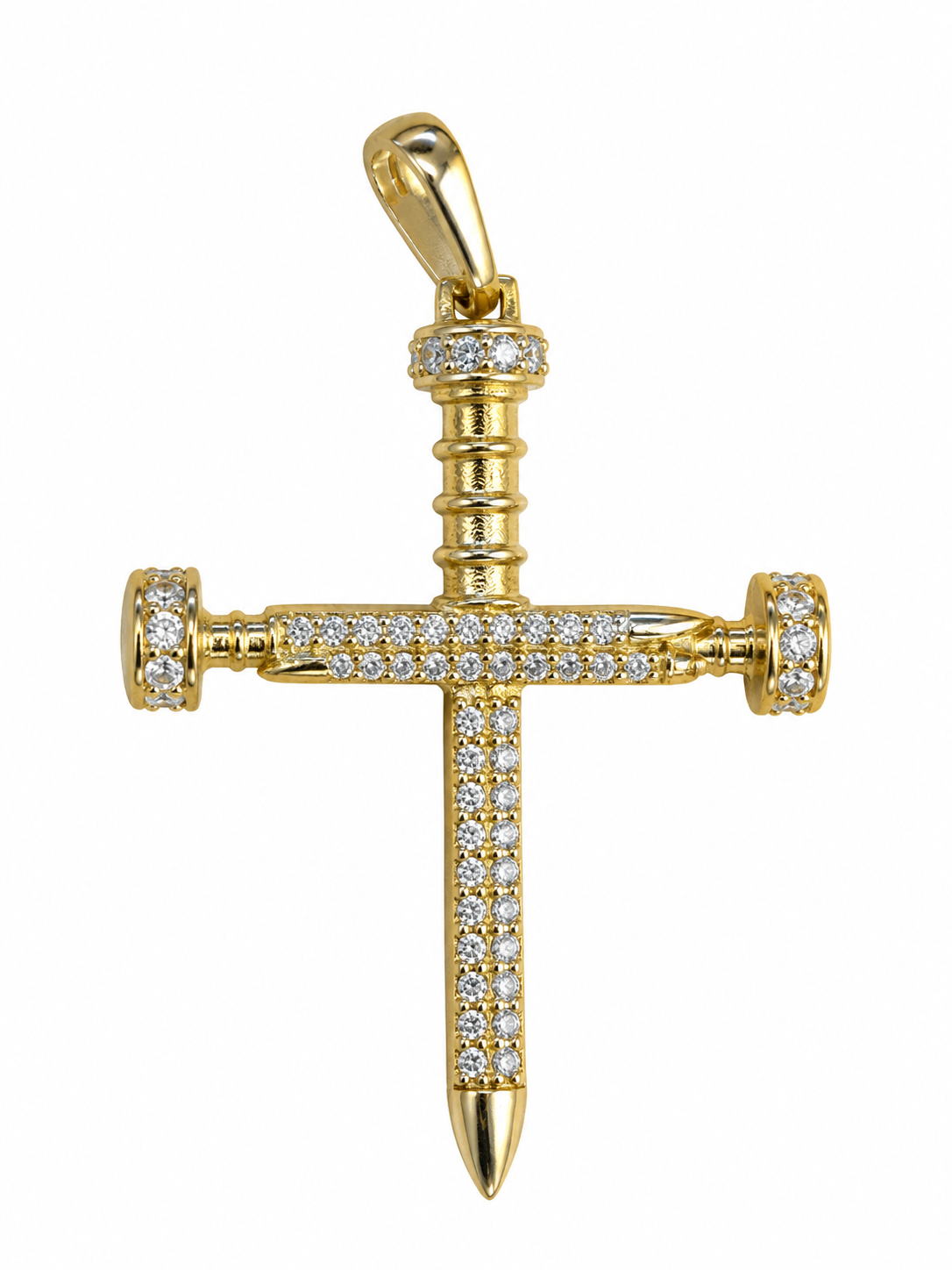 18K Gold Nail Cross Pendant with Zircons
