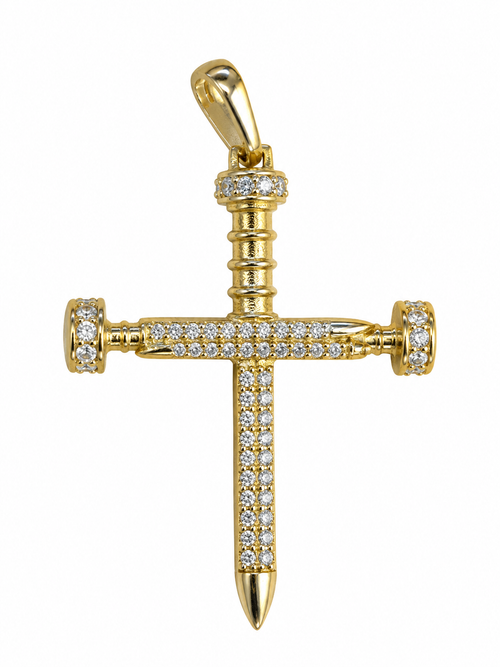 18K Gold Nail Cross Pendant with Zircons