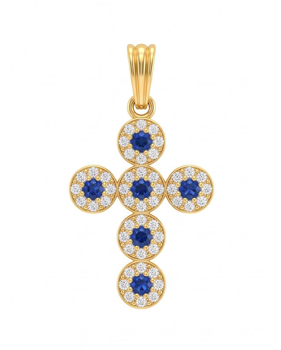 18K Gold Cross with Blue & White Zircons