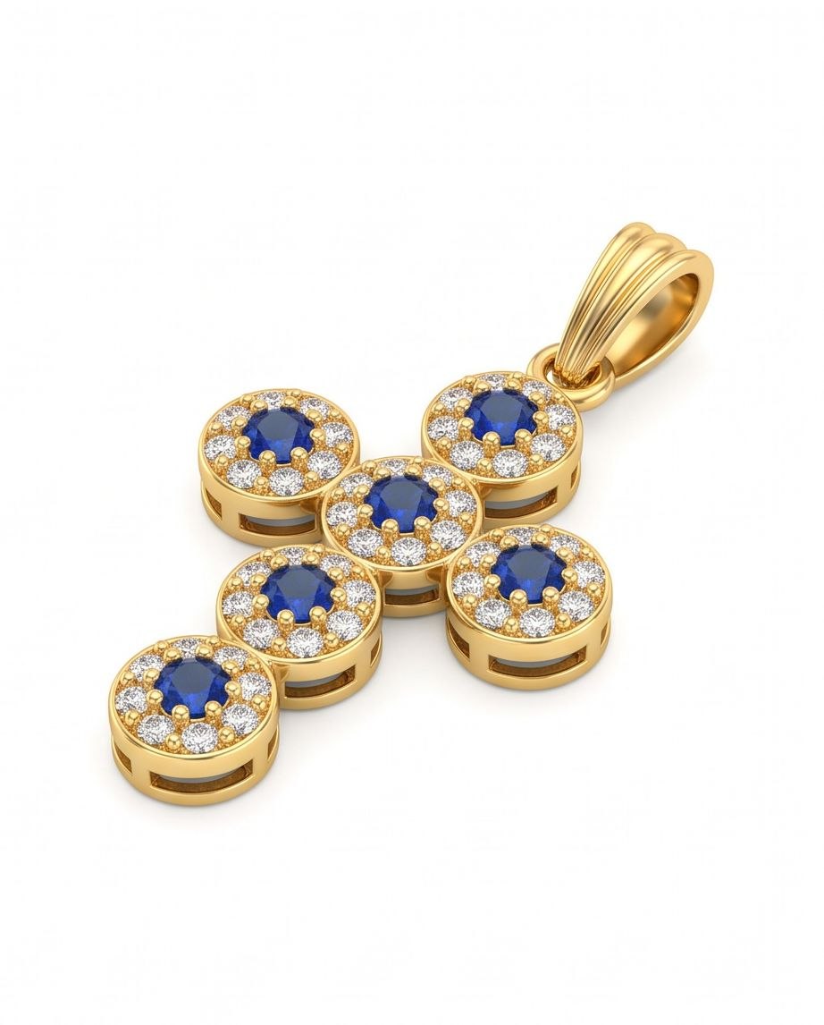 18K Gold Cross with Blue & White Zircons