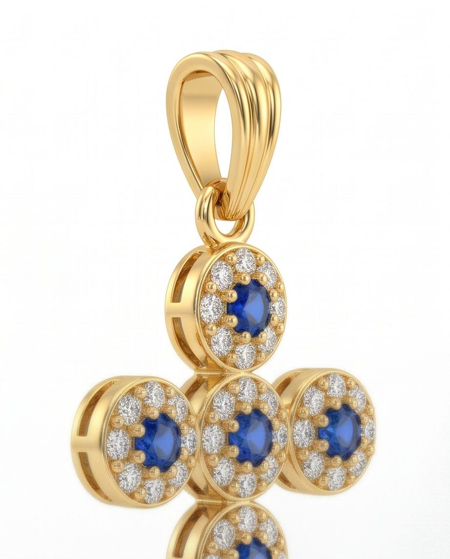18K Gold Cross with Blue & White Zircons