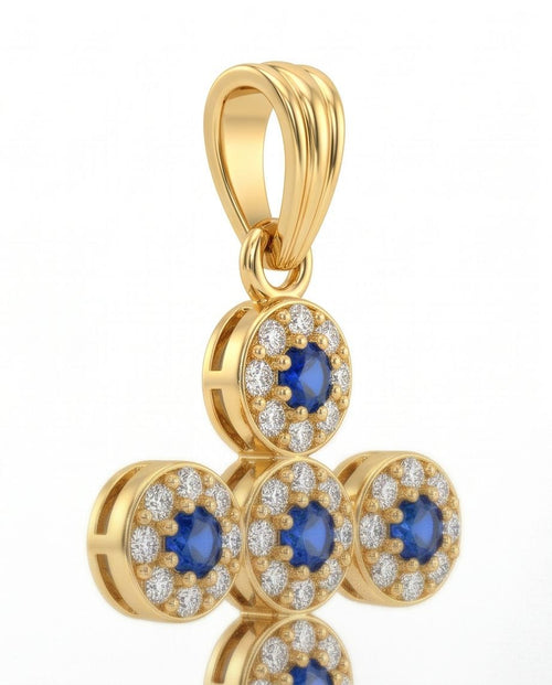 18K Gold Cross with Blue & White Zircons