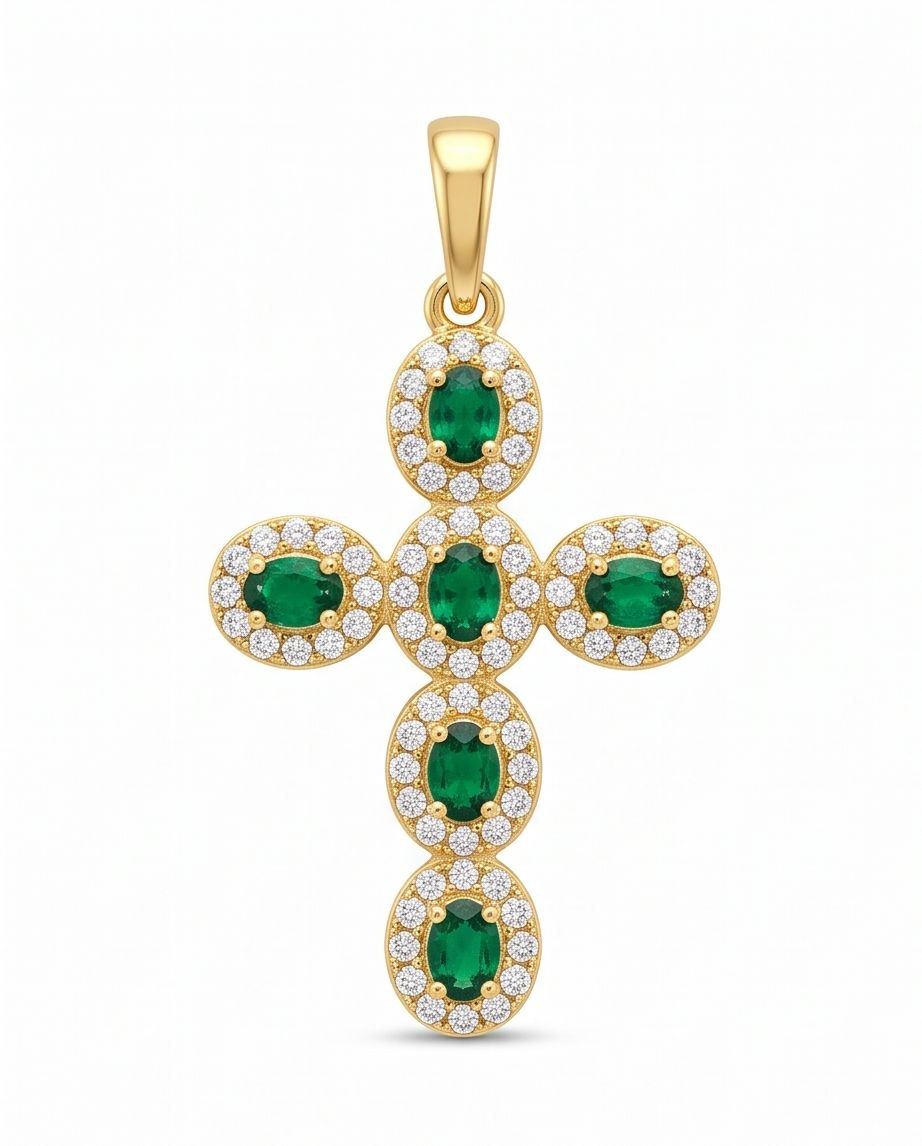 18K Gold Cross with Green & White Zircons