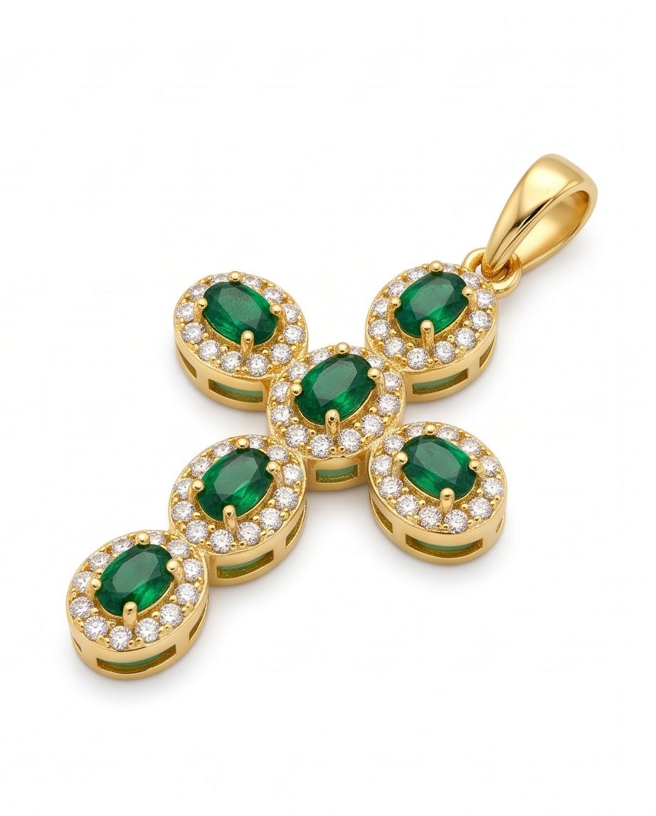 18K Gold Cross with Green & White Zircons