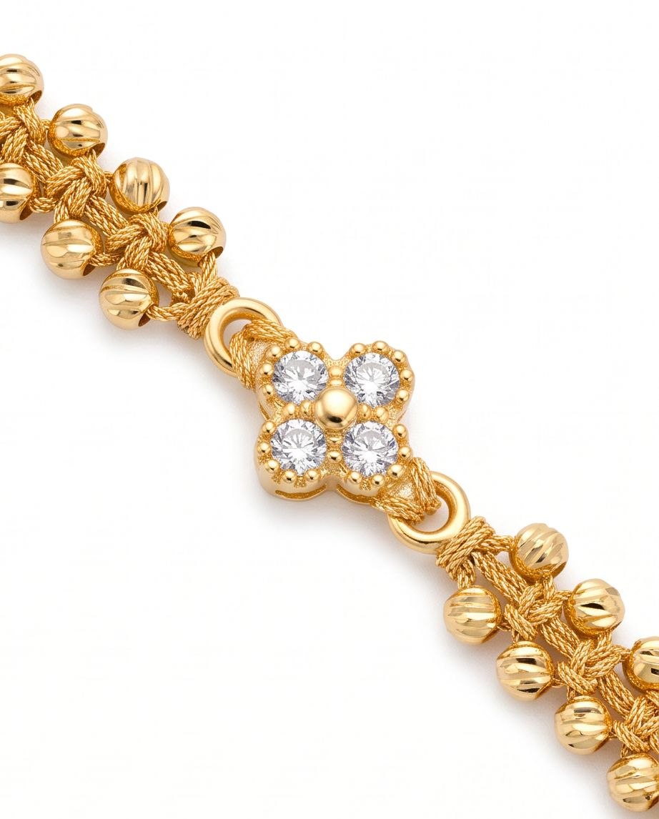 18K Gold Adjustable Woven Bead Bracelet with Zircon Flower
