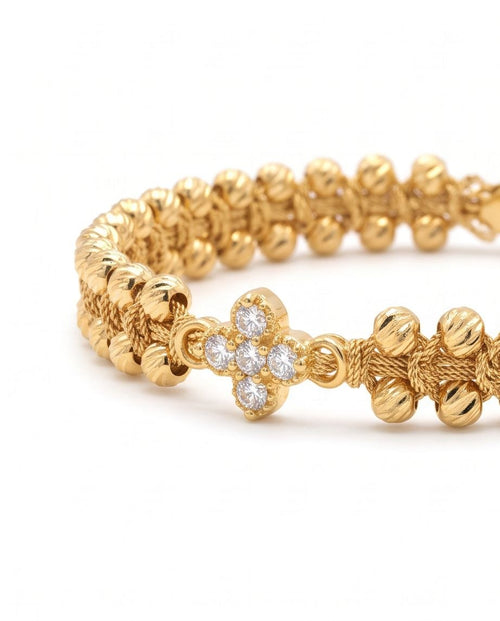 18K Gold Adjustable Woven Bead Bracelet with Zircon Flower