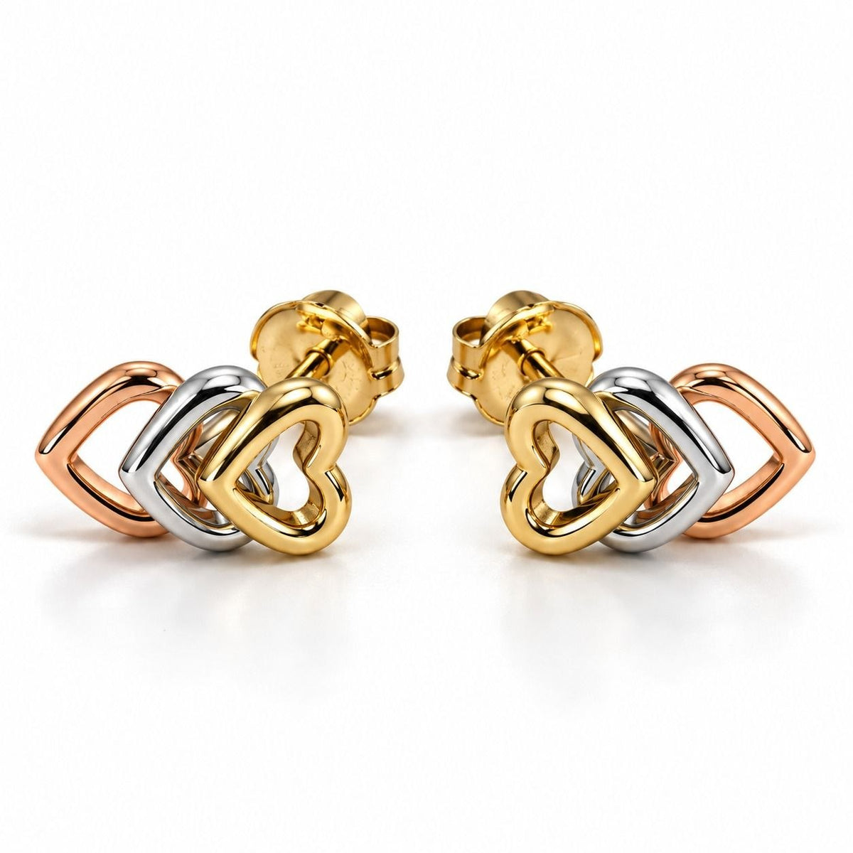 18K Gold Tri-Color Interlocking Heart Stud Earrings