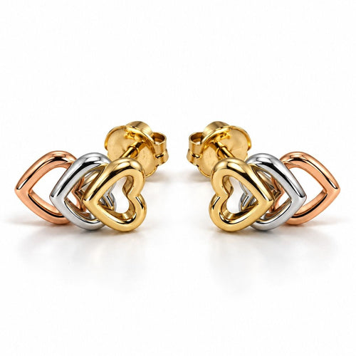 18K Gold Tri-Color Interlocking Heart Stud Earrings