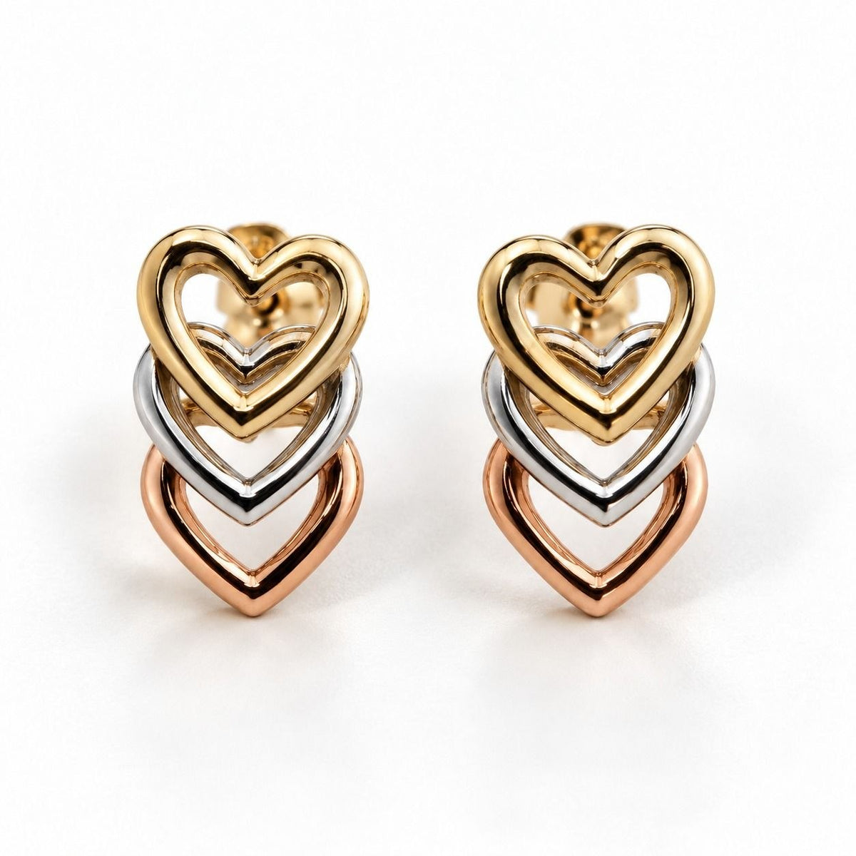 18K Gold Tri-Color Interlocking Heart Stud Earrings